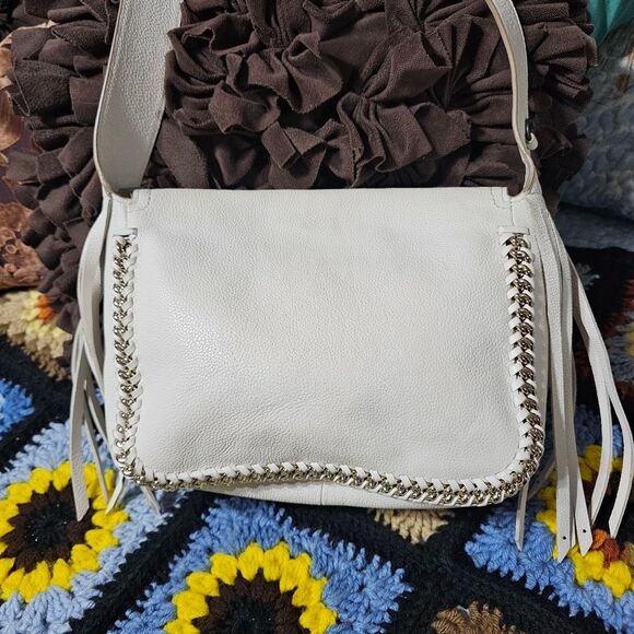 Coach Dakota Fringe Whipstitch Chain Saddle Bag in White Pebbled Leather Purse - Picture 5 of 9